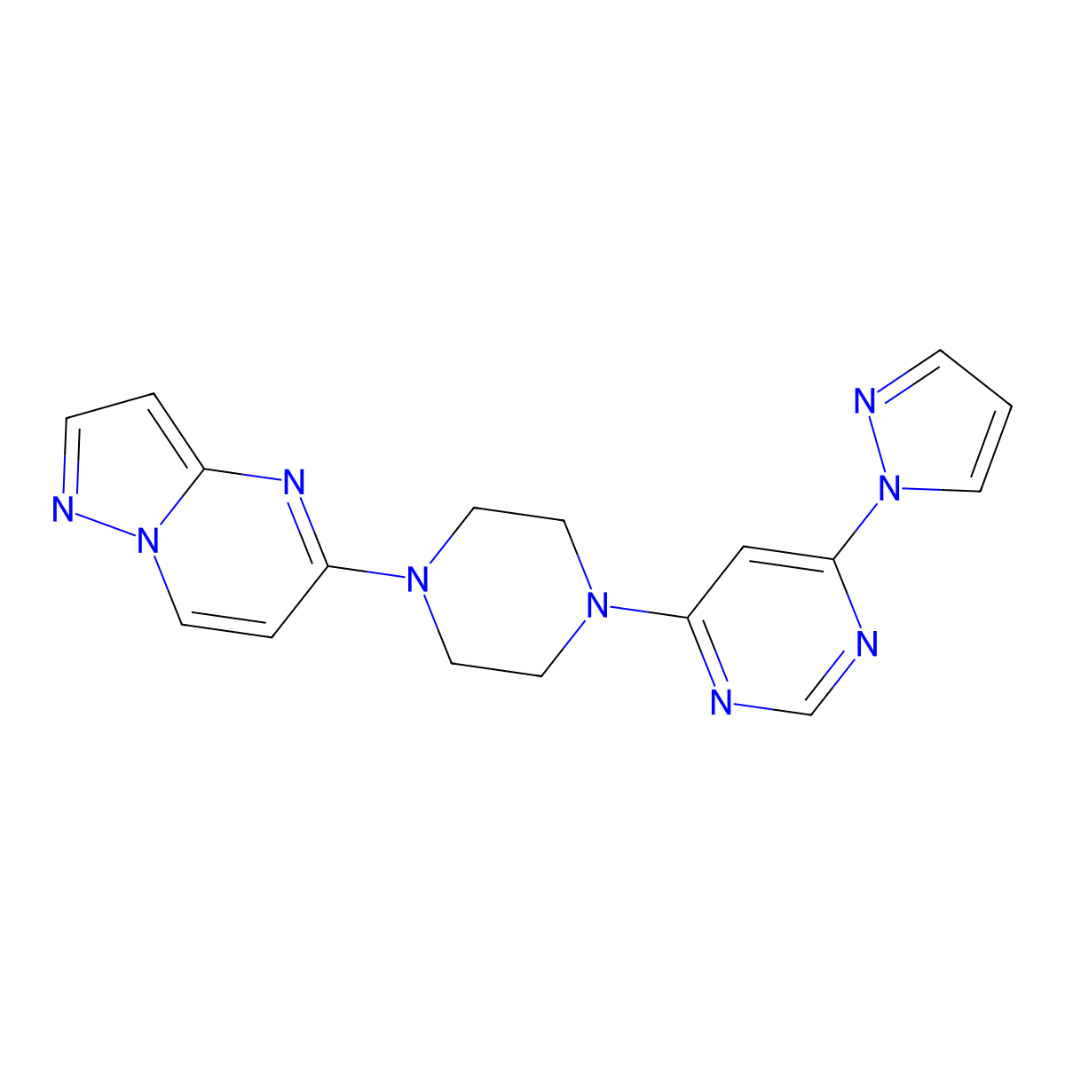 4-(1H-pyrazol-1-yl)-6-(4-{pyrazolo[1,5-a]pyrimidin-5-yl}piperazin-1-yl)pyrimidine molecular structure, CAS 2640971-90-8