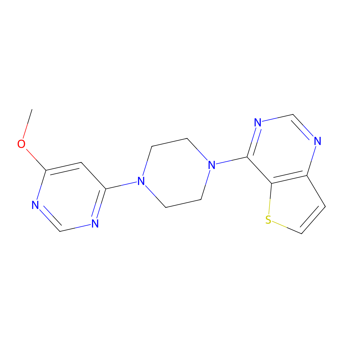 4-Methoxy-6-(4-{thieno[3,2-d]pyrimidin-4-yl}piperazin-1-yl)pyrimidine molecular structure, CAS 2640971-99-7