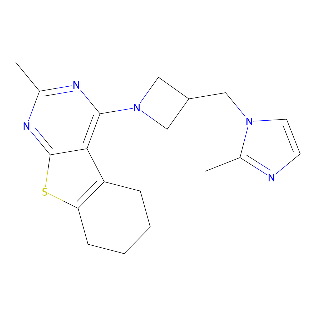 5-methyl-3-{3-[(2-methyl-1H-imidazol-1-yl)methyl]azetidin-1-yl}-8-thia-4,6-diazatricyclo[7.4.0.0^{2,7}]trideca-1(9),2,4,6-tetraene molecular structure, CAS 2640972-01-4