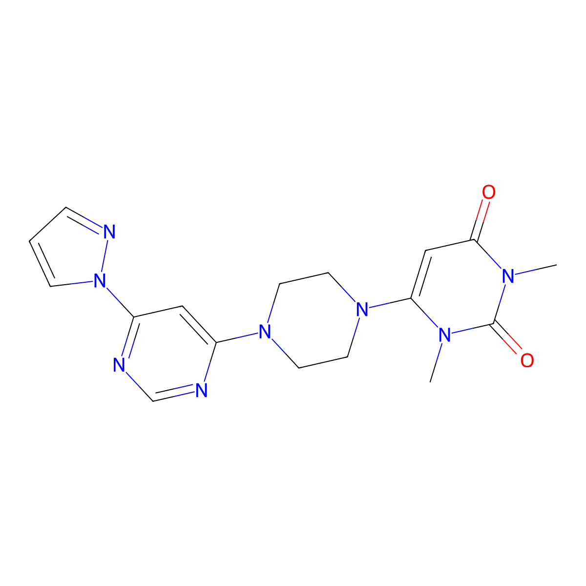 1,3-dimethyl-6-{4-[6-(1H-pyrazol-1-yl)pyrimidin-4-yl]piperazin-1-yl}-1,2,3,4-tetrahydropyrimidine-2,4-dione molecular structure, CAS 2640972-03-6