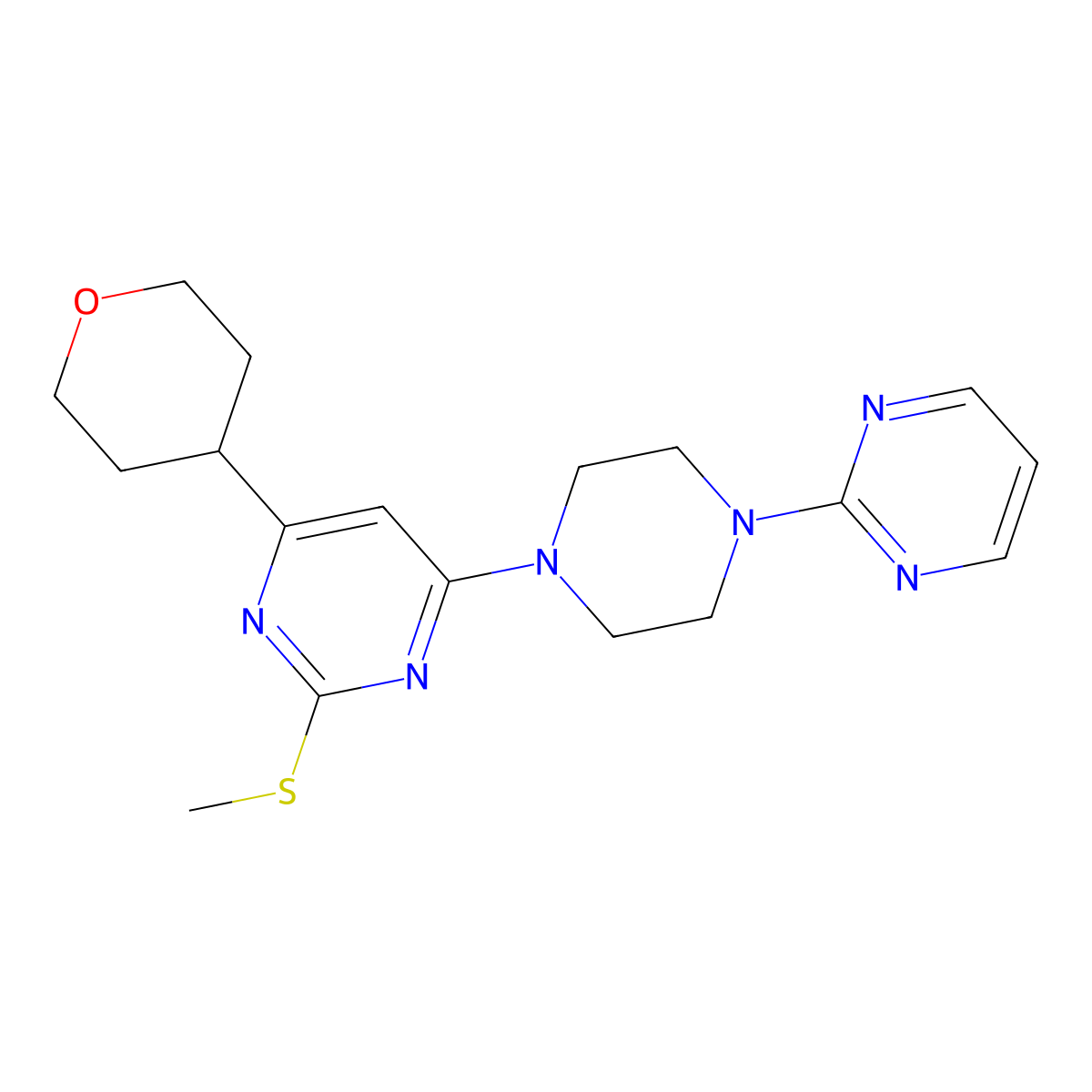 2-(Methylsulfanyl)-4-(oxan-4-yl)-6-[4-(pyrimidin-2-yl)piperazin-1-yl]pyrimidine molecular structure, CAS 2640972-04-7