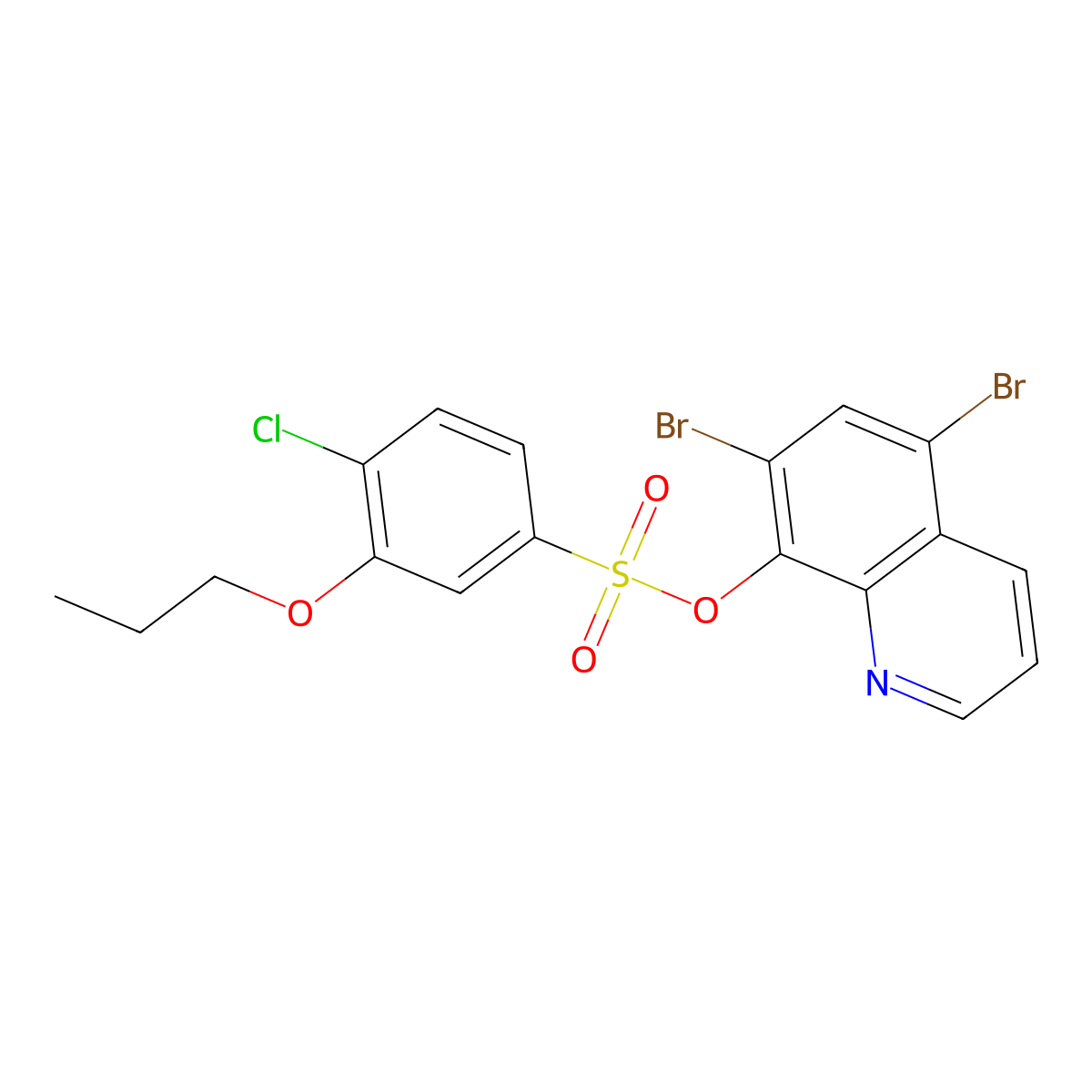 5,7-Dibromoquinolin-8-yl 4-chloro-3-propoxybenzene-1-sulfonate molecular structure, CAS 2640972-05-8