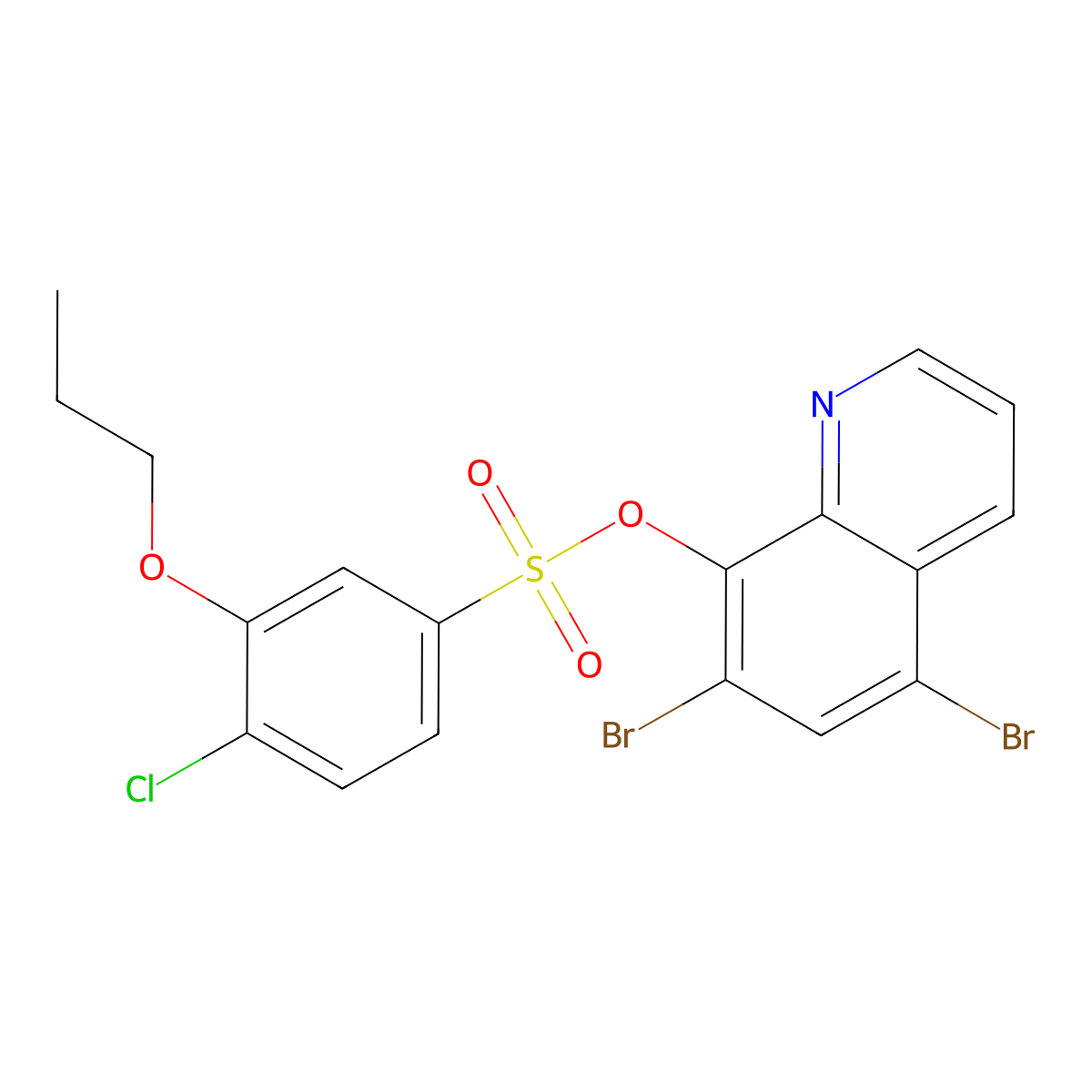 5,7-Dibromoquinolin-8-yl 4-chloro-3-propoxybenzene-1-sulfonate molecular structure, CAS 2640972-05-8
