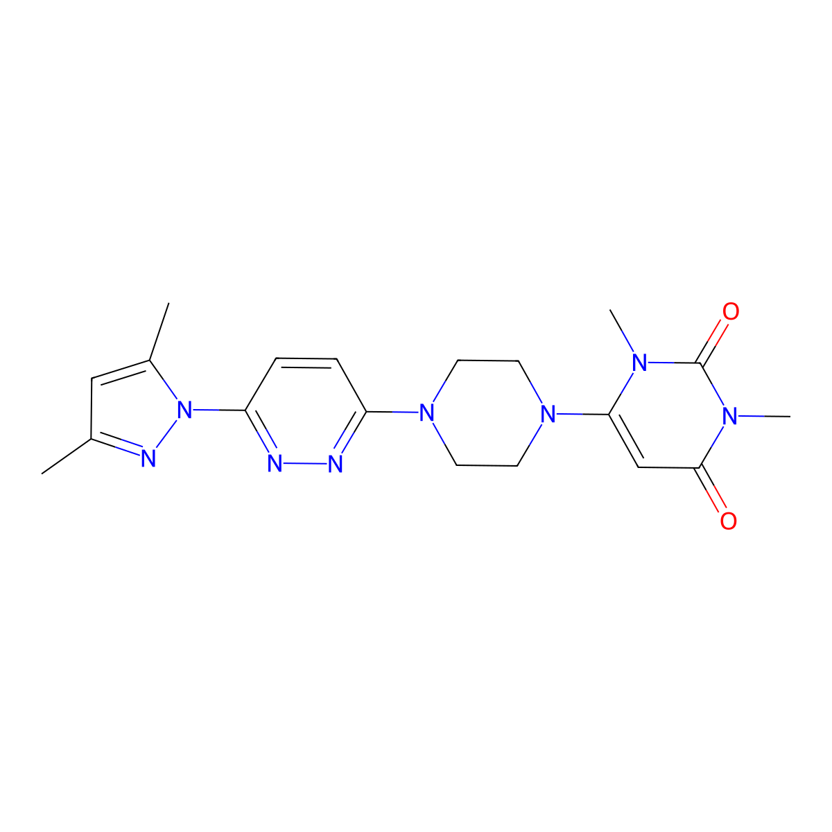 6-{4-[6-(3,5-dimethyl-1H-pyrazol-1-yl)pyridazin-3-yl]piperazin-1-yl}-1,3-dimethyl-1,2,3,4-tetrahydropyrimidine-2,4-dione molecular structure, CAS 2640972-06-9