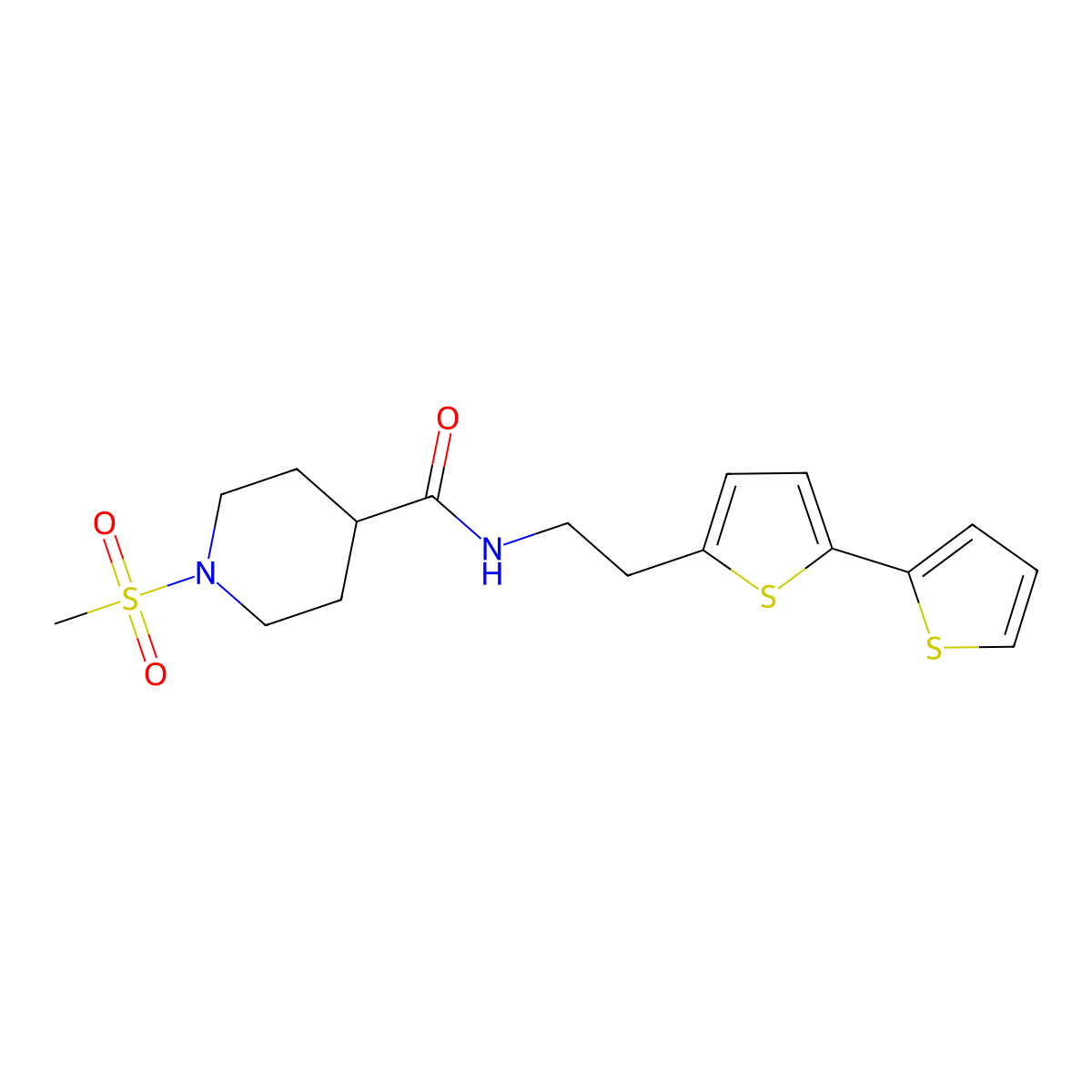 N-(2-{[2,2'-bithiophene]-5-yl}ethyl)-1-methanesulfonylpiperidine-4-carboxamide molecular structure, CAS 2640972-07-0