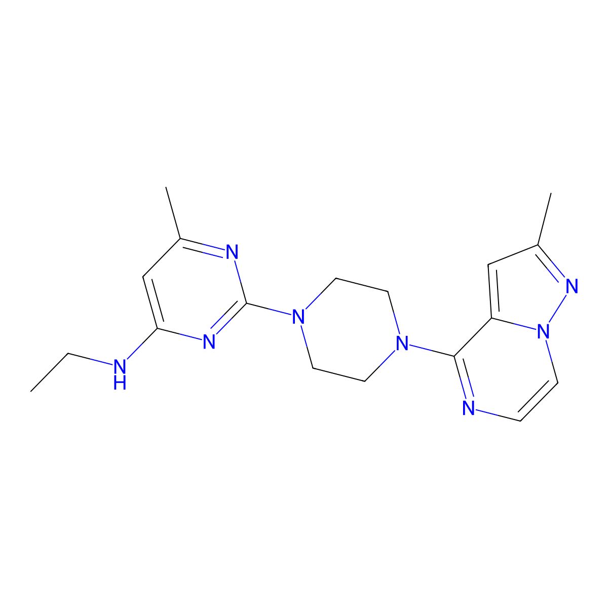 N-ethyl-6-methyl-2-(4-{2-methylpyrazolo[1,5-a]pyrazin-4-yl}piperazin-1-yl)pyrimidin-4-amine molecular structure, CAS 2640972-08-1