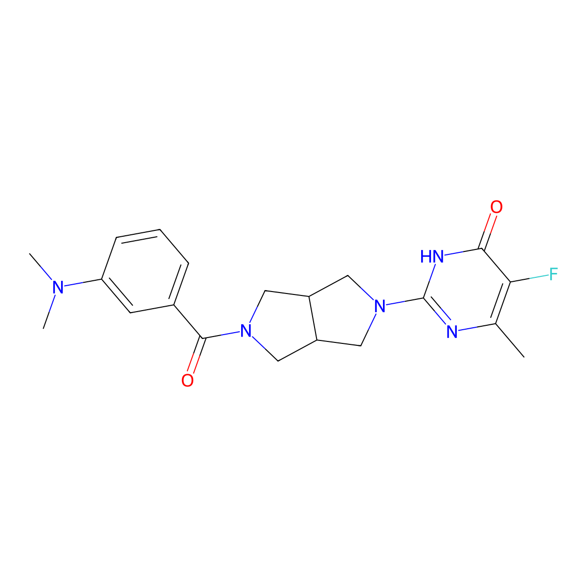 2-{5-[3-(Dimethylamino)benzoyl]-octahydropyrrolo[3,4-c]pyrrol-2-yl}-5-fluoro-6-methyl-3,4-dihydropyrimidin-4-one molecular structure, CAS 2640972-12-7