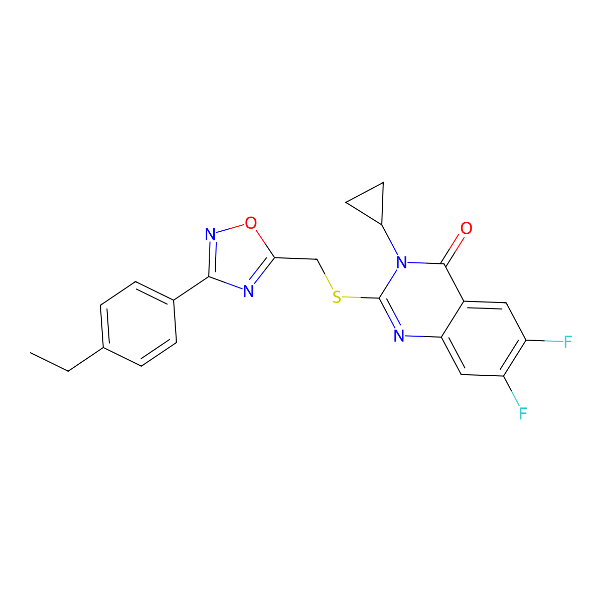 3-Cyclopropyl-2-({[3-(4-ethylphenyl)-1,2,4-oxadiazol-5-yl]methyl}sulfanyl)-6,7-difluoro-3,4-dihydroquinazolin-4-one molecular structure, CAS 2640972-14-9