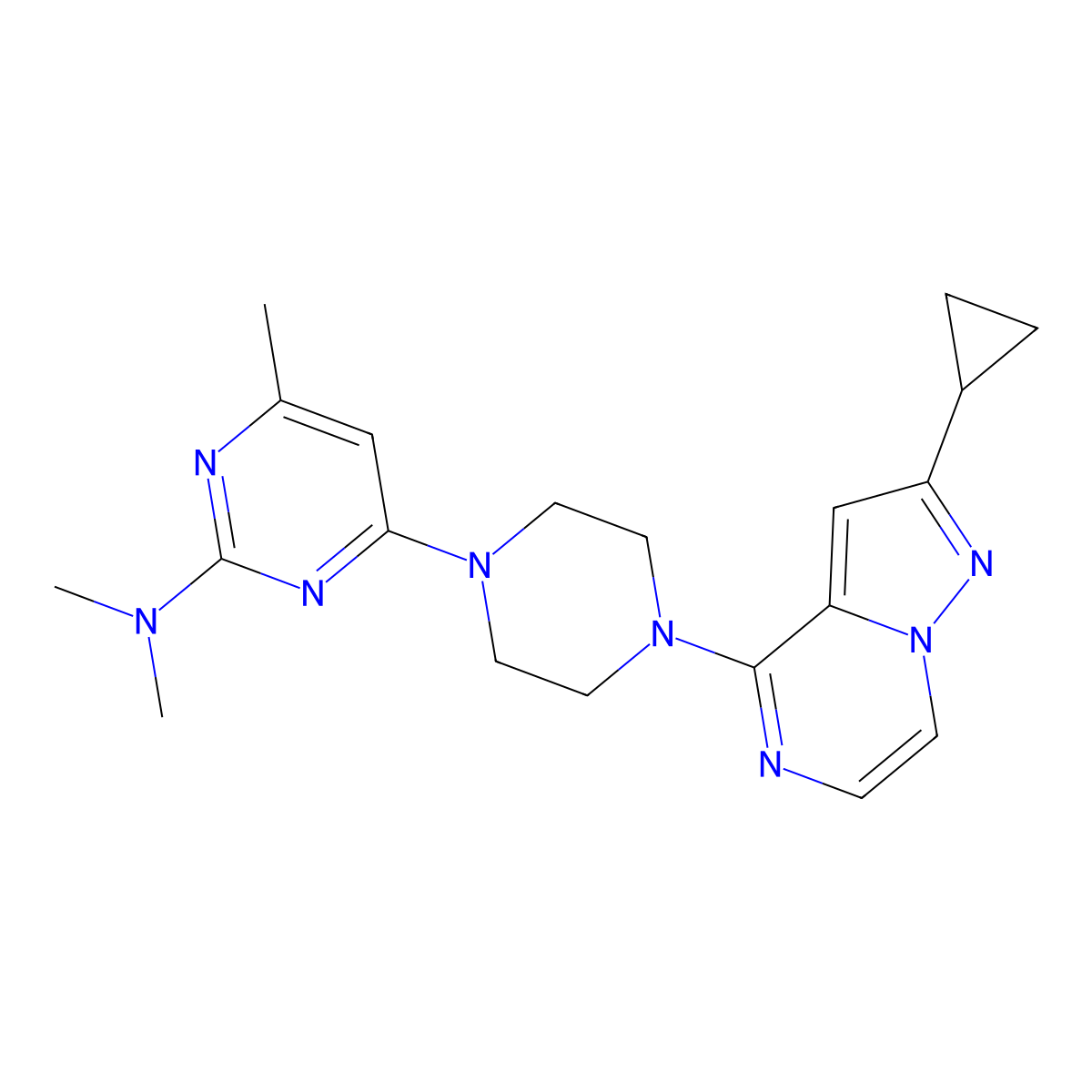 4-(4-{2-cyclopropylpyrazolo[1,5-a]pyrazin-4-yl}piperazin-1-yl)-N,N,6-trimethylpyrimidin-2-amine molecular structure, CAS 2640972-24-1