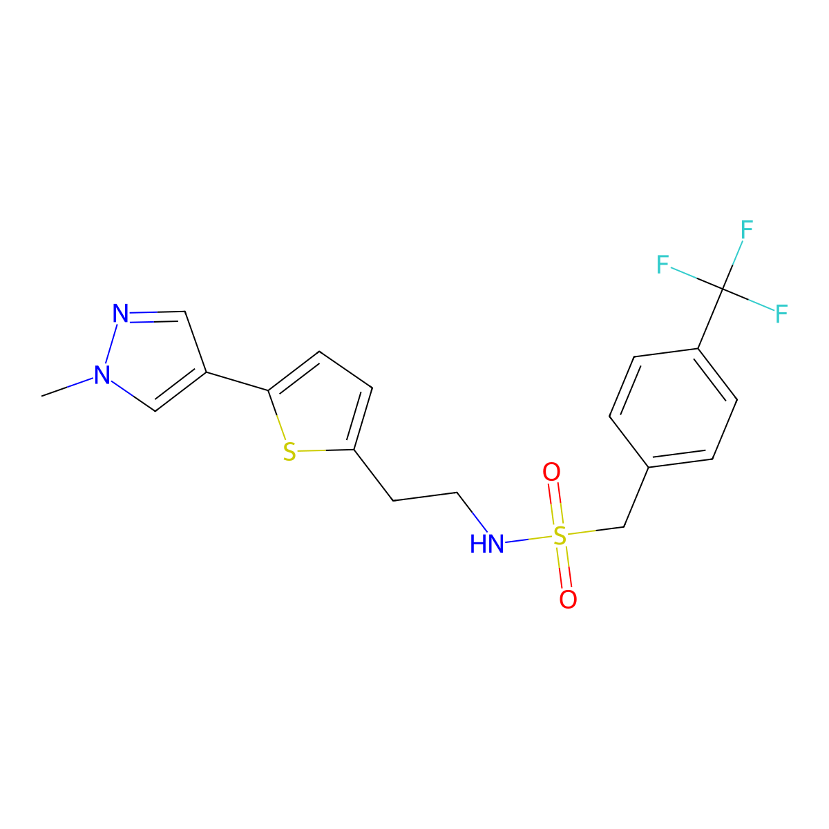 N-{2-[5-(1-methyl-1H-pyrazol-4-yl)thiophen-2-yl]ethyl}-1-[4-(trifluoromethyl)phenyl]methanesulfonamide molecular structure, CAS 2640972-28-5