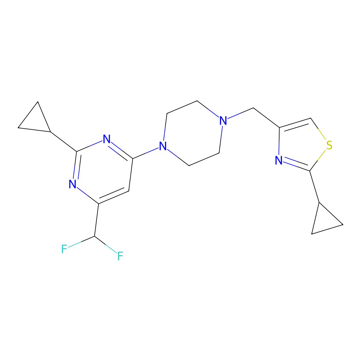 2-Cyclopropyl-4-{4-[(2-cyclopropyl-1,3-thiazol-4-yl)methyl]piperazin-1-yl}-6-(difluoromethyl)pyrimidine molecular structure, CAS 2640972-29-6