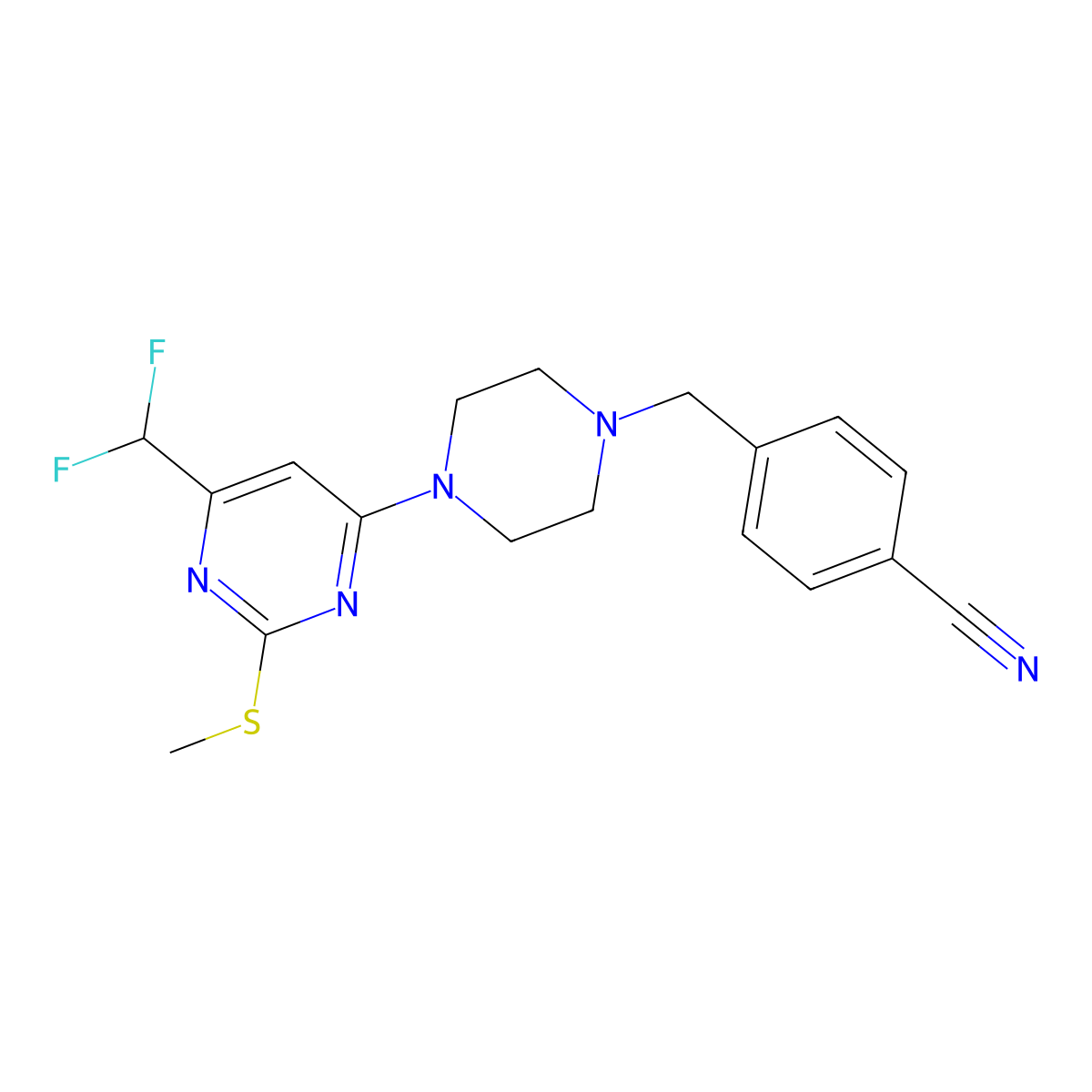 4-({4-[6-(Difluoromethyl)-2-(methylsulfanyl)pyrimidin-4-yl]piperazin-1-yl}methyl)benzonitrile molecular structure, CAS 2640972-31-0