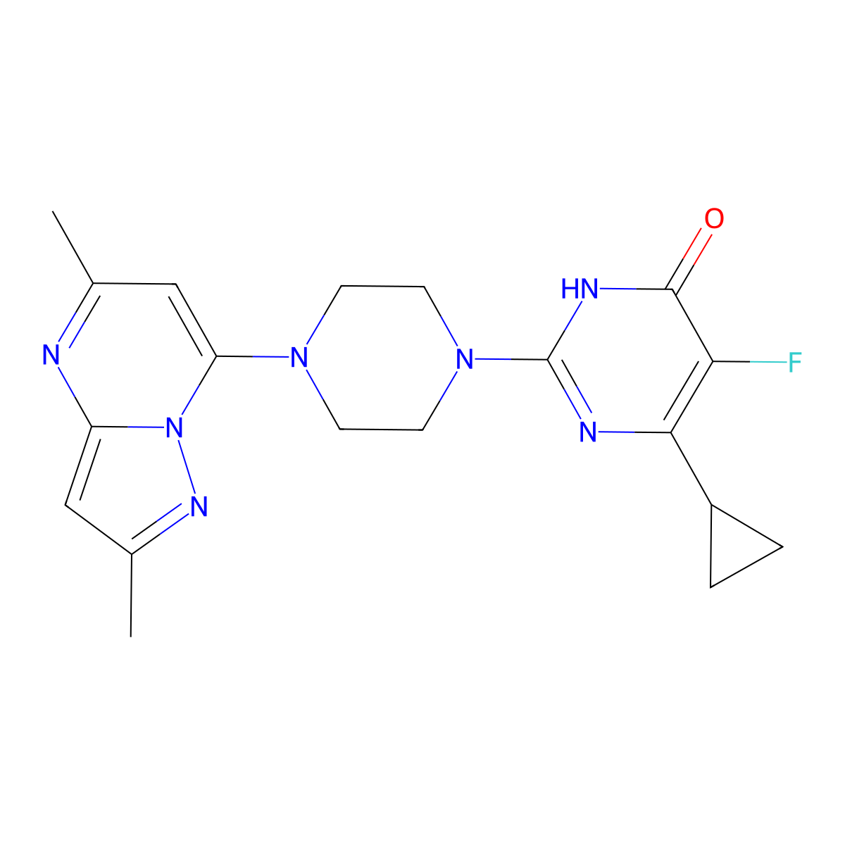6-Cyclopropyl-2-(4-{2,5-dimethylpyrazolo[1,5-a]pyrimidin-7-yl}piperazin-1-yl)-5-fluoro-3,4-dihydropyrimidin-4-one molecular structure, CAS 2640972-32-1