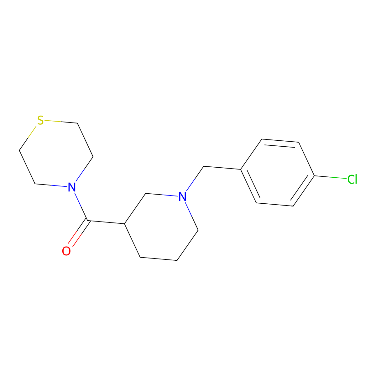 4-{1-[(4-Chlorophenyl)methyl]piperidine-3-carbonyl}thiomorpholine molecular structure, CAS 2640972-37-6