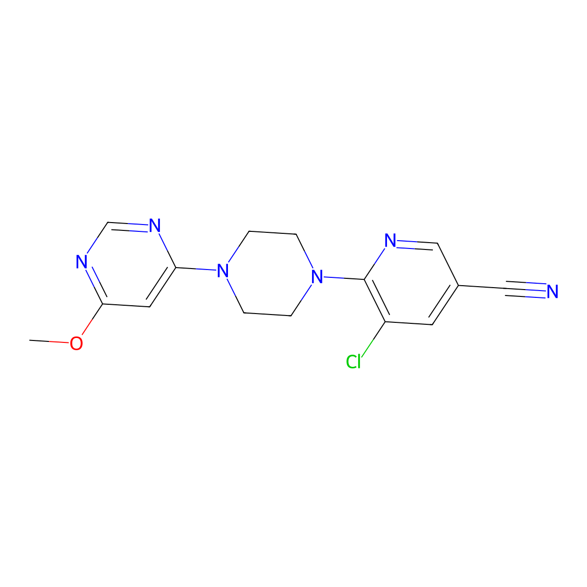 5-Chloro-6-[4-(6-methoxypyrimidin-4-yl)piperazin-1-yl]pyridine-3-carbonitrile molecular structure, CAS 2640972-46-7