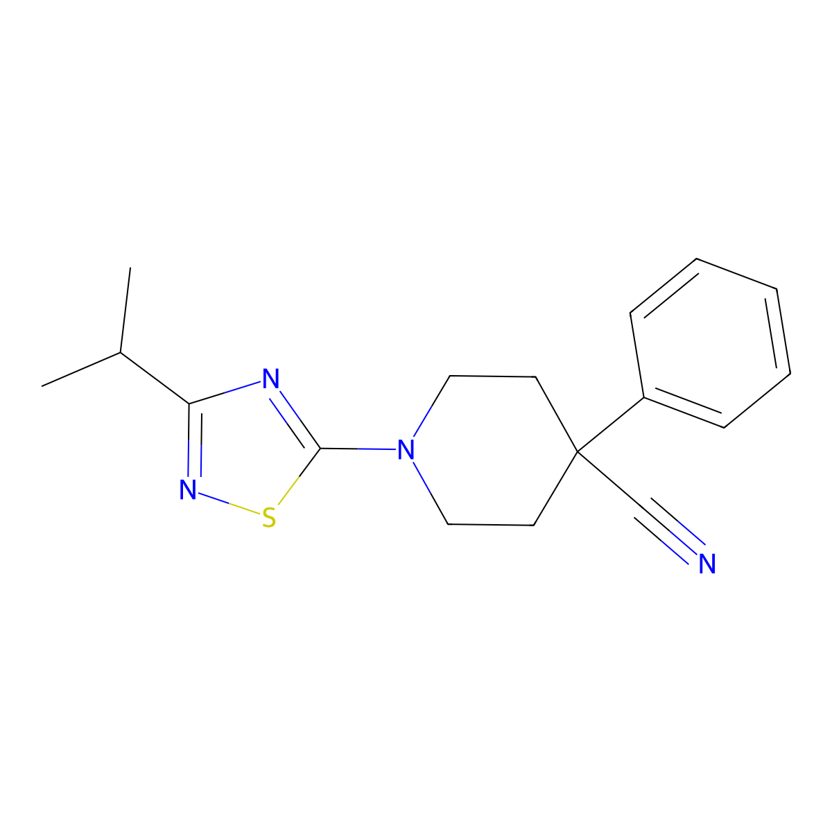 4-Phenyl-1-[3-(propan-2-yl)-1,2,4-thiadiazol-5-yl]piperidine-4-carbonitrile molecular structure, CAS 2640972-47-8