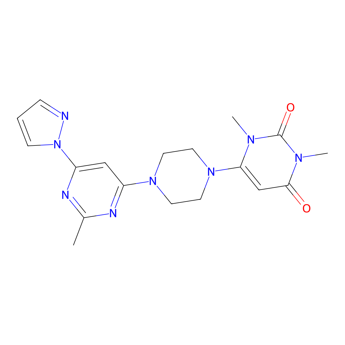 1,3-dimethyl-6-{4-[2-methyl-6-(1H-pyrazol-1-yl)pyrimidin-4-yl]piperazin-1-yl}-1,2,3,4-tetrahydropyrimidine-2,4-dione molecular structure, CAS 2640972-48-9