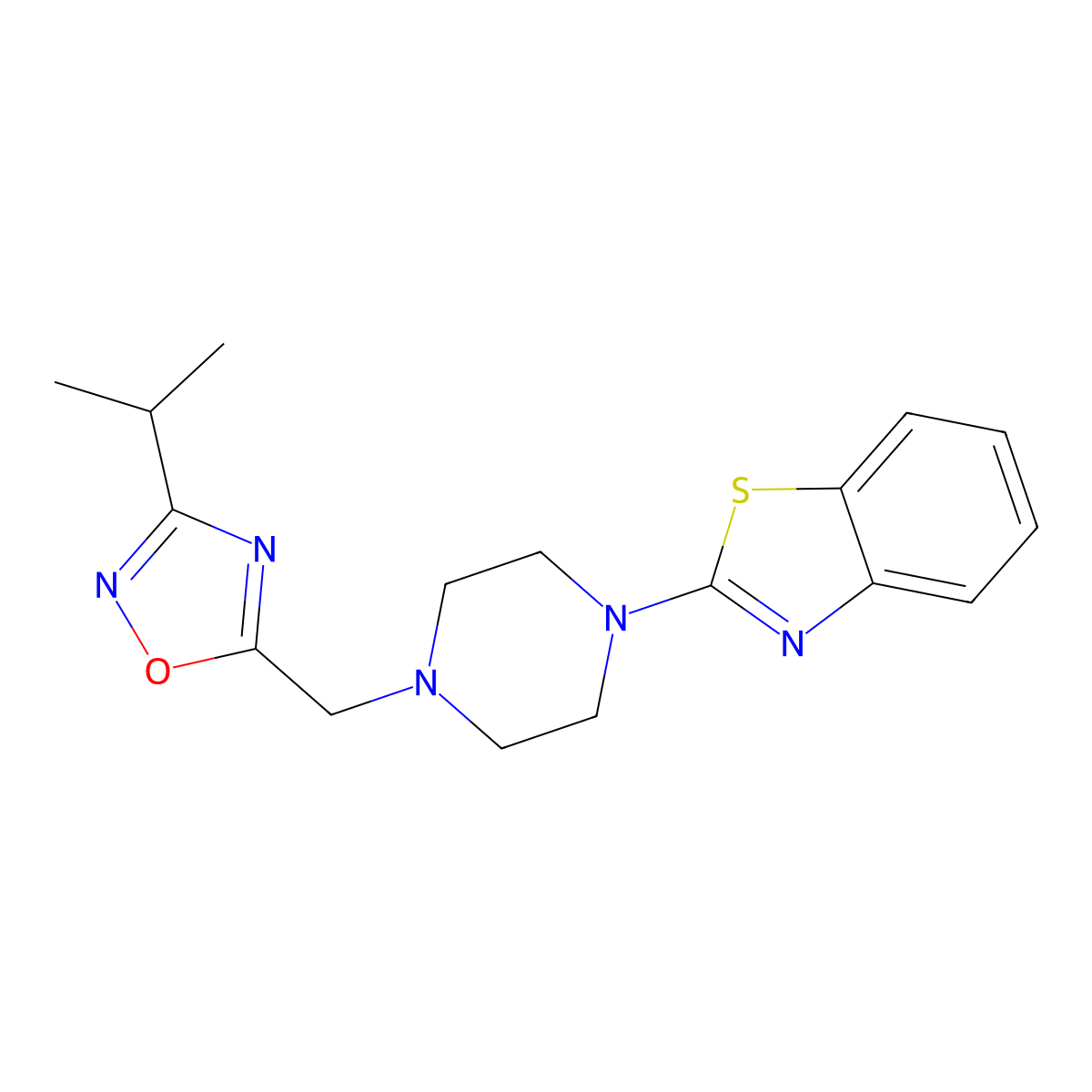 2-(4-{[3-(Propan-2-yl)-1,2,4-oxadiazol-5-yl]methyl}piperazin-1-yl)-1,3-benzothiazole molecular structure, CAS 2640972-50-3