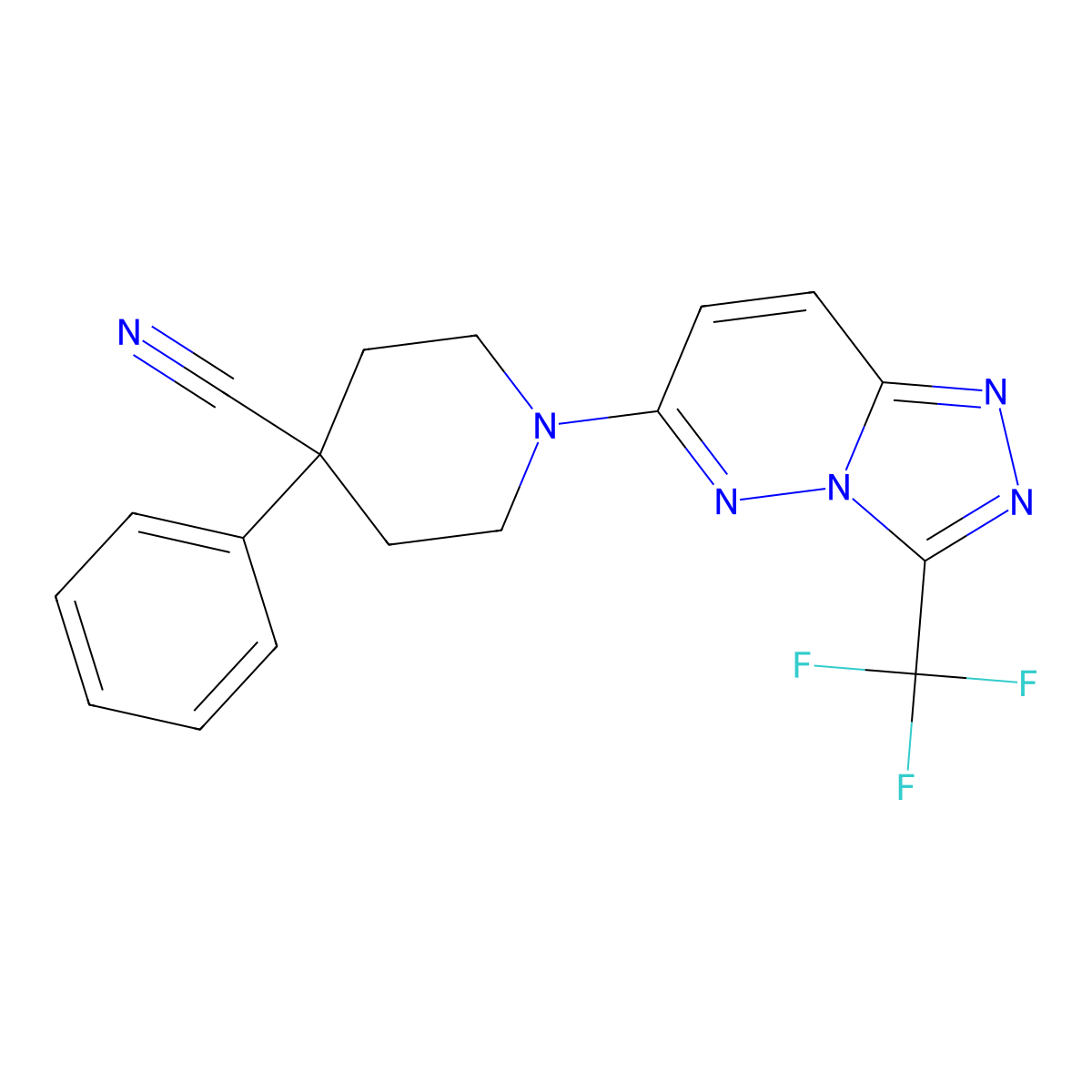 4-Phenyl-1-[3-(trifluoromethyl)-[1,2,4]triazolo[4,3-b]pyridazin-6-yl]piperidine-4-carbonitrile molecular structure, CAS 2640972-51-4