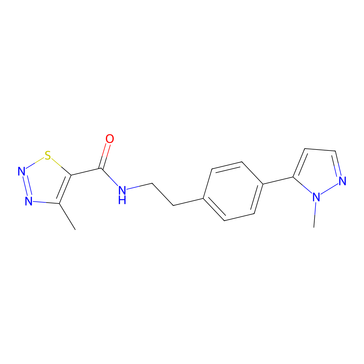 4-methyl-N-{2-[4-(1-methyl-1H-pyrazol-5-yl)phenyl]ethyl}-1,2,3-thiadiazole-5-carboxamide molecular structure, CAS 2640972-53-6