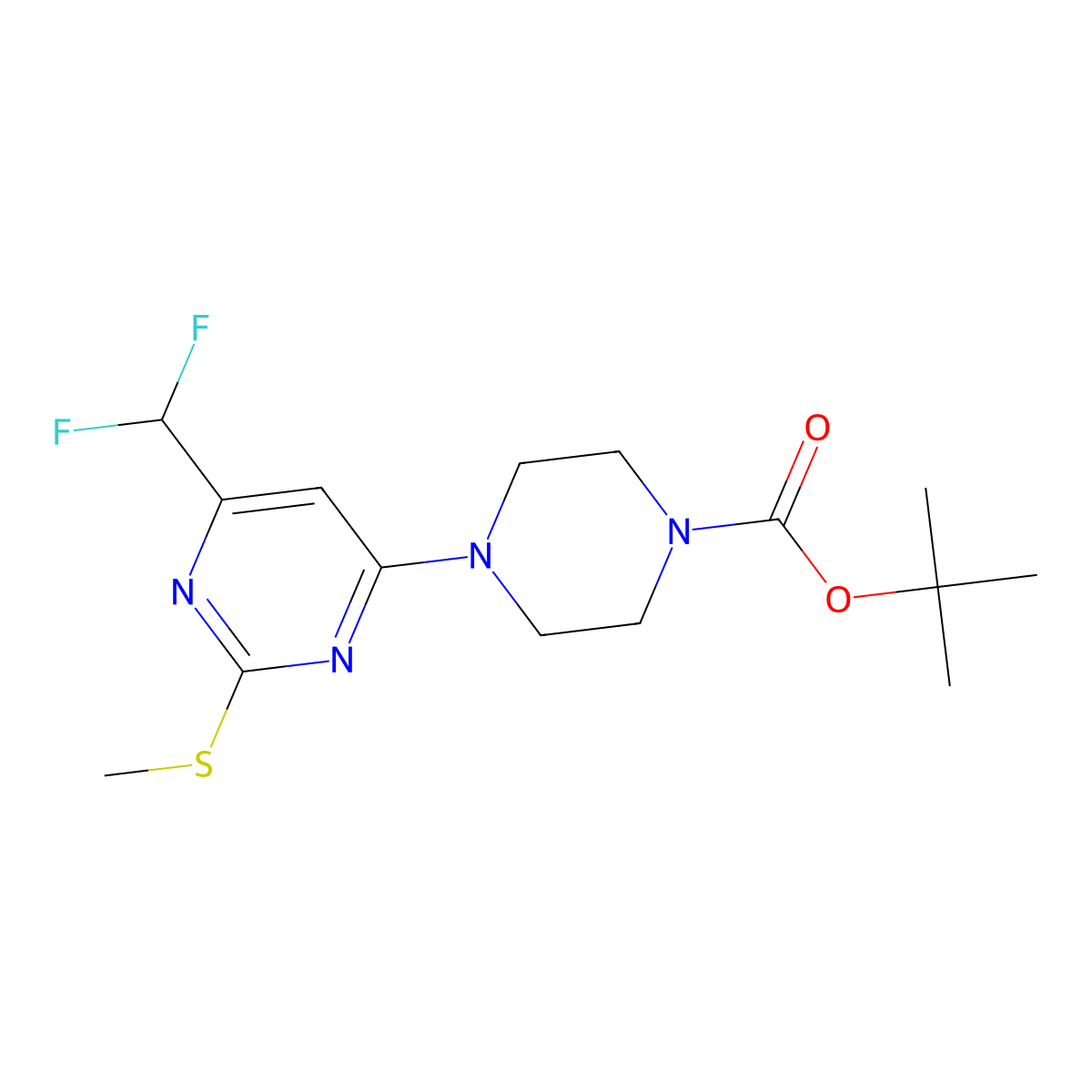 Tert-butyl 4-[6-(difluoromethyl)-2-(methylsulfanyl)pyrimidin-4-yl]piperazine-1-carboxylate molecular structure, CAS 2640972-55-8