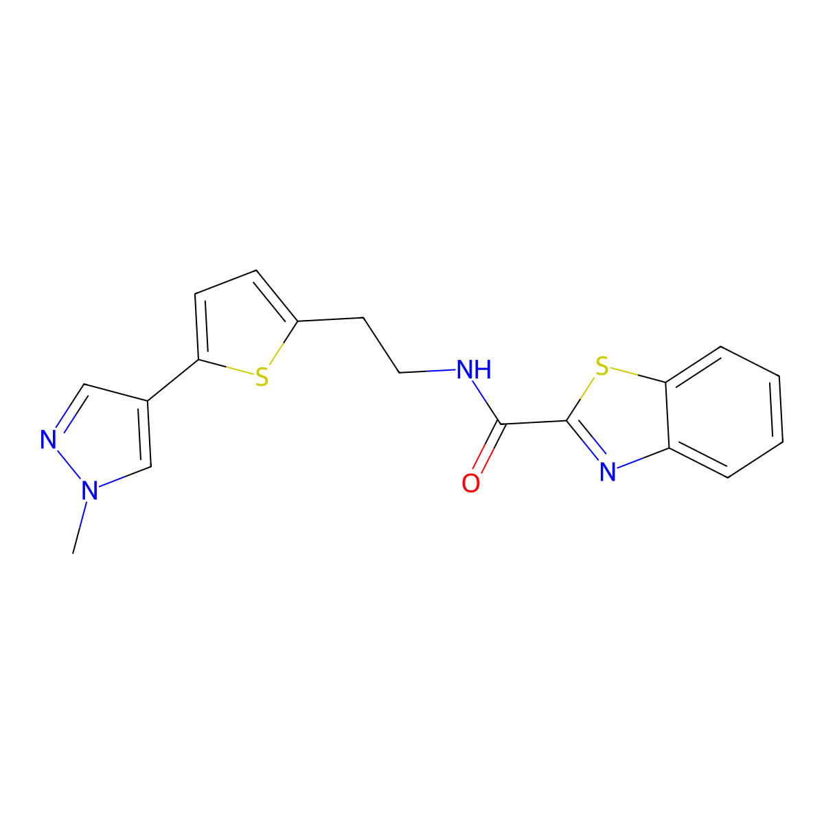 N-{2-[5-(1-methyl-1H-pyrazol-4-yl)thiophen-2-yl]ethyl}-1,3-benzothiazole-2-carboxamide molecular structure, CAS 2640972-64-9