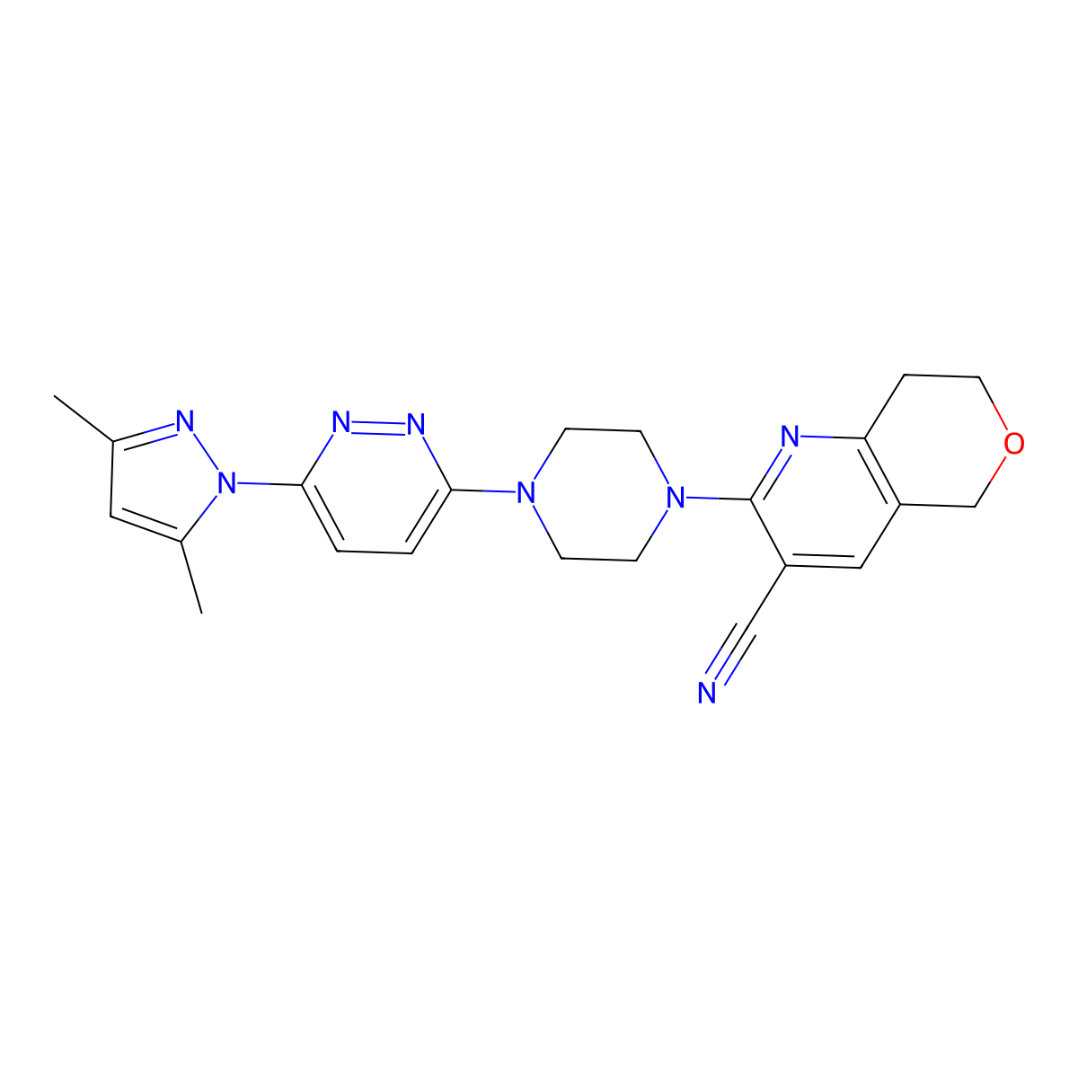2-{4-[6-(3,5-dimethyl-1H-pyrazol-1-yl)pyridazin-3-yl]piperazin-1-yl}-5H,7H,8H-pyrano[4,3-b]pyridine-3-carbonitrile molecular structure, CAS 2640972-70-7