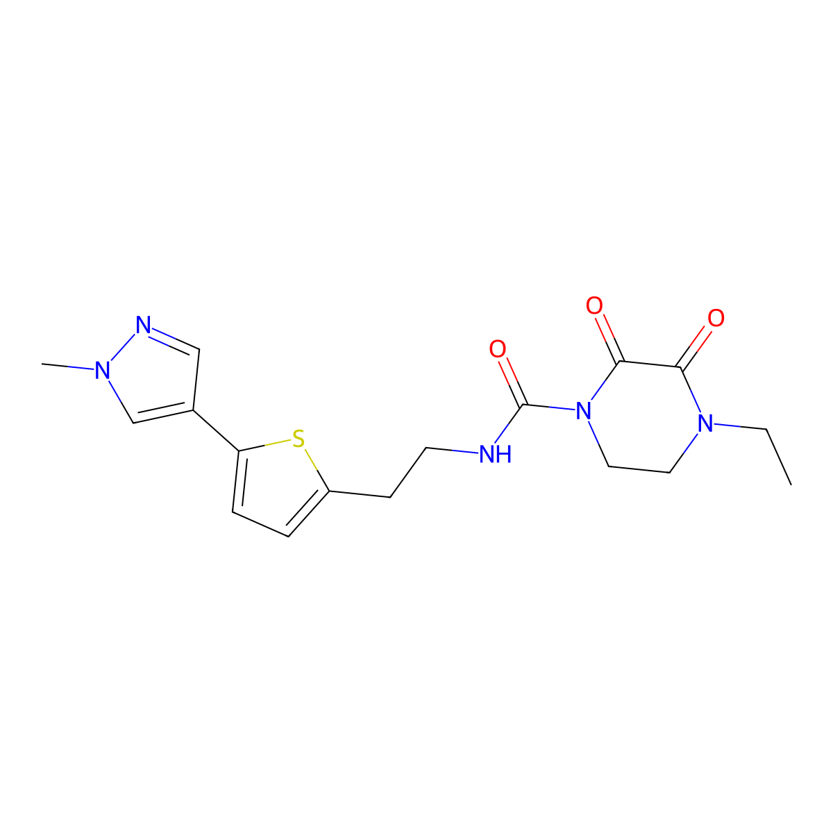 4-ethyl-N-{2-[5-(1-methyl-1H-pyrazol-4-yl)thiophen-2-yl]ethyl}-2,3-dioxopiperazine-1-carboxamide molecular structure, CAS 2640972-72-9