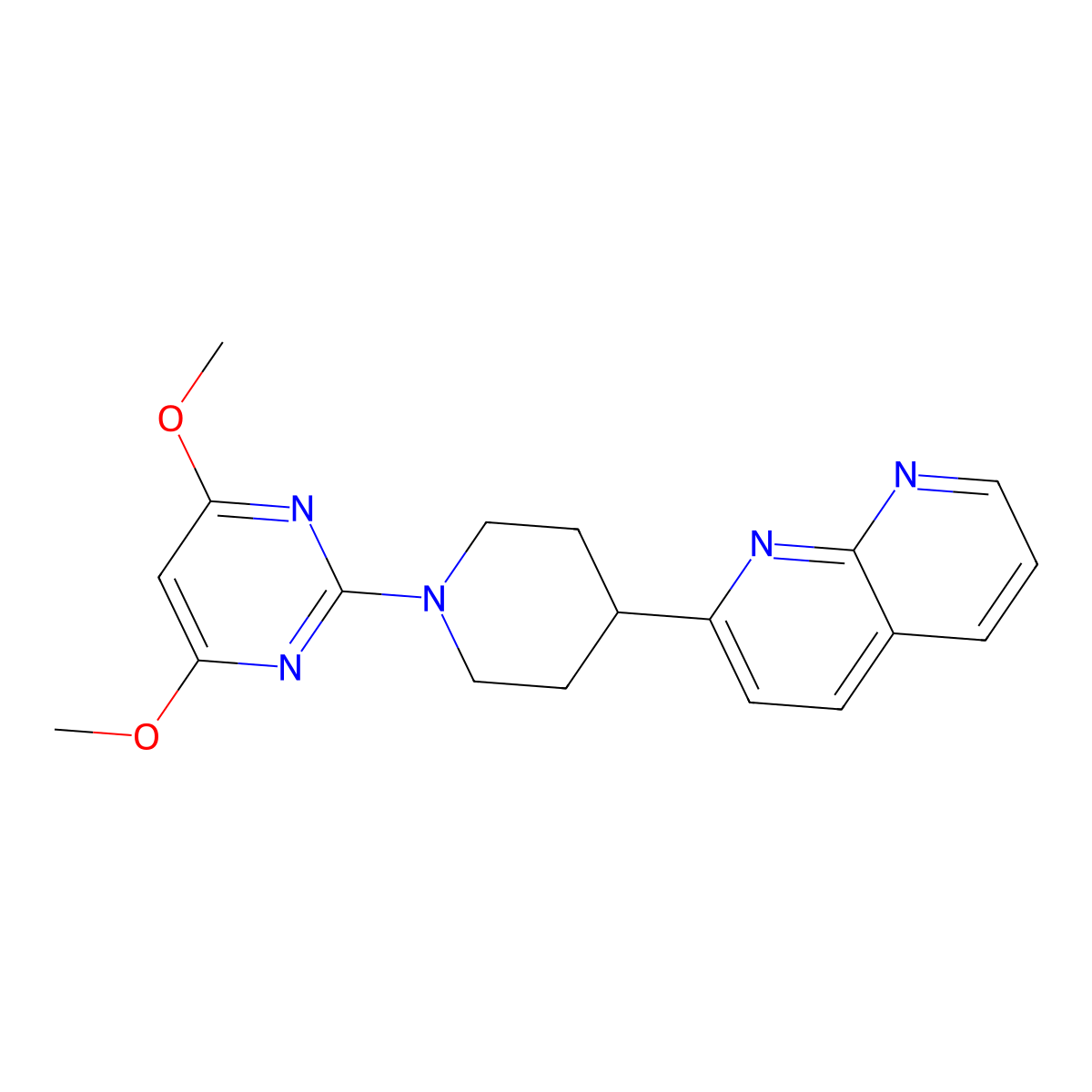 2-[1-(4,6-Dimethoxypyrimidin-2-yl)piperidin-4-yl]-1,8-naphthyridine molecular structure, CAS 2640972-77-4