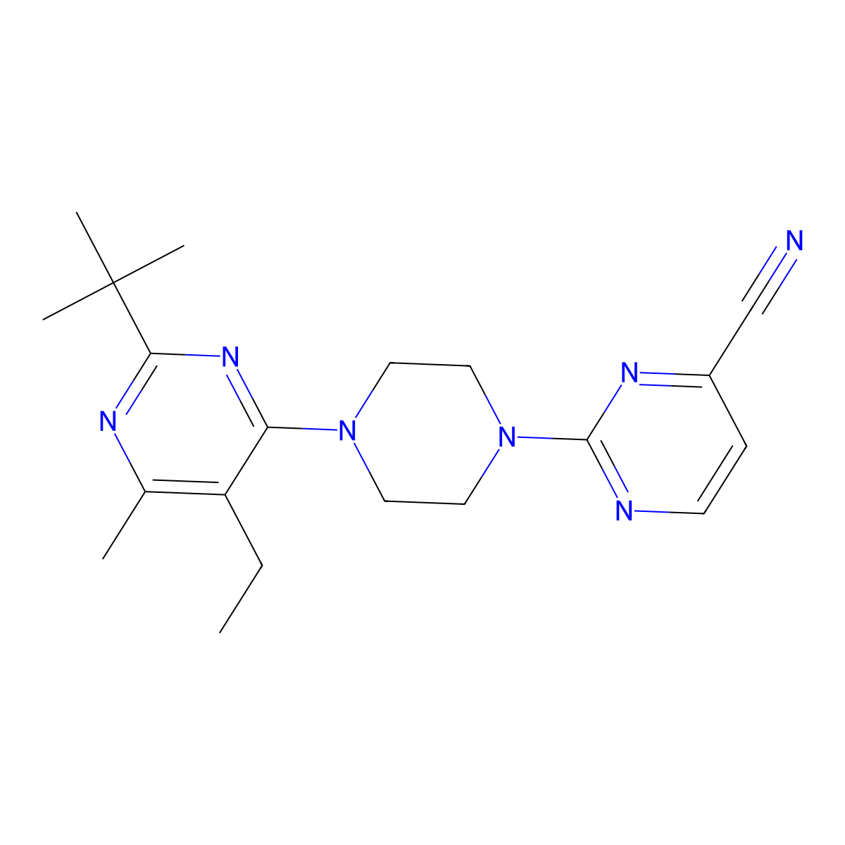 2-[4-(2-Tert-butyl-5-ethyl-6-methylpyrimidin-4-yl)piperazin-1-yl]pyrimidine-4-carbonitrile molecular structure, CAS 2640972-78-5