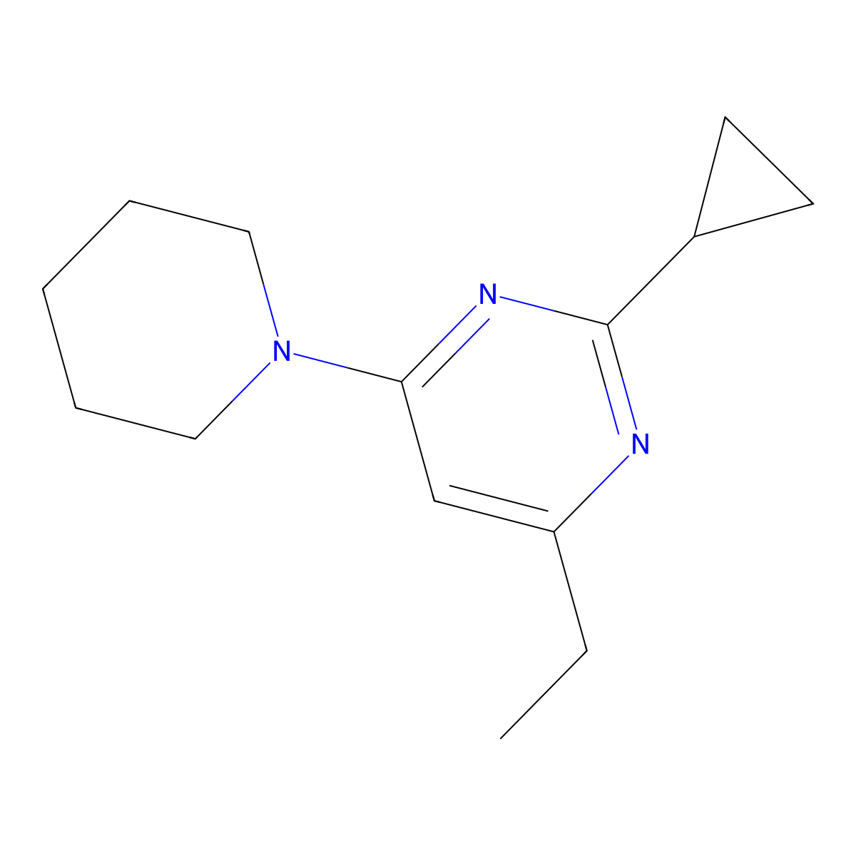 2-Cyclopropyl-4-ethyl-6-(piperidin-1-yl)pyrimidine molecular structure, CAS 2640972-79-6