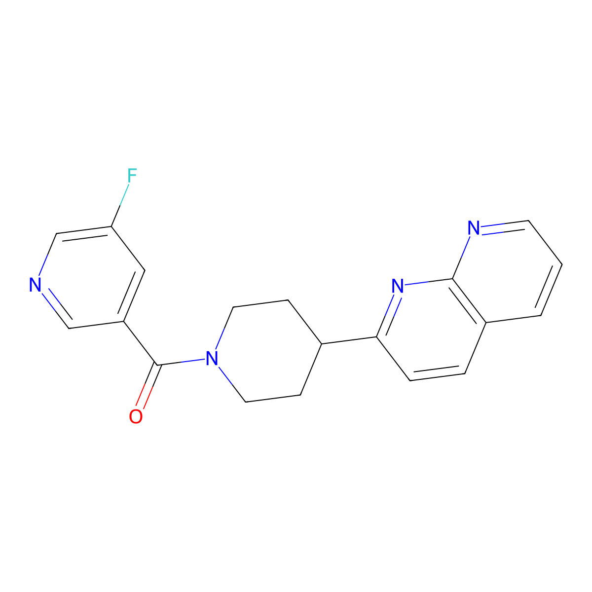 2-[1-(5-Fluoropyridine-3-carbonyl)piperidin-4-yl]-1,8-naphthyridine molecular structure, CAS 2640972-80-9