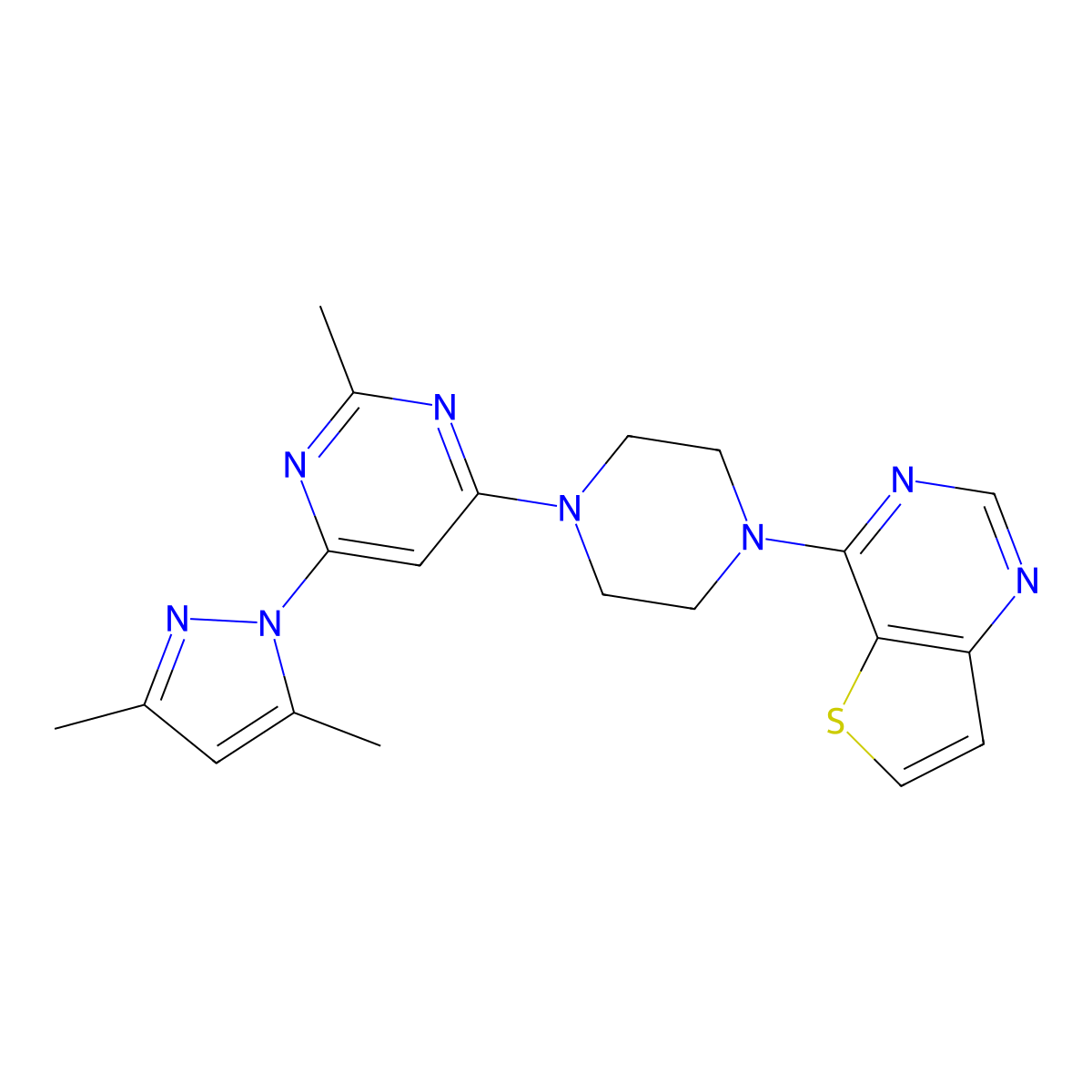 4-(3,5-dimethyl-1H-pyrazol-1-yl)-2-methyl-6-(4-{thieno[3,2-d]pyrimidin-4-yl}piperazin-1-yl)pyrimidine molecular structure, CAS 2640972-81-0