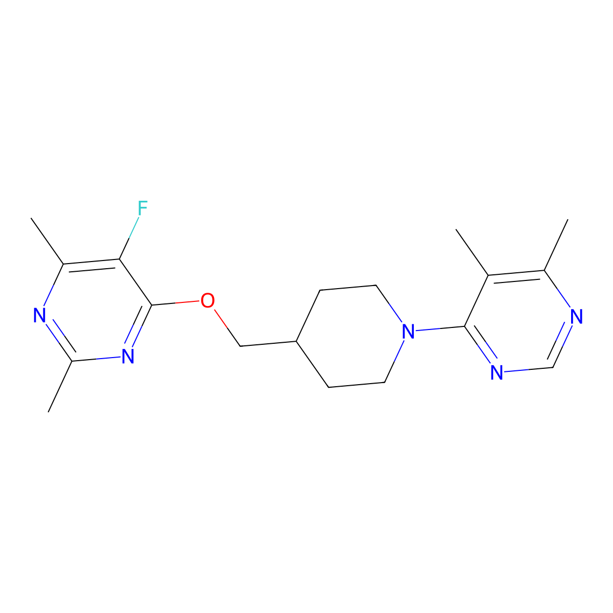 4-(4-{[(5-Fluoro-2,6-dimethylpyrimidin-4-yl)oxy]methyl}piperidin-1-yl)-5,6-dimethylpyrimidine molecular structure, CAS 2640972-83-2