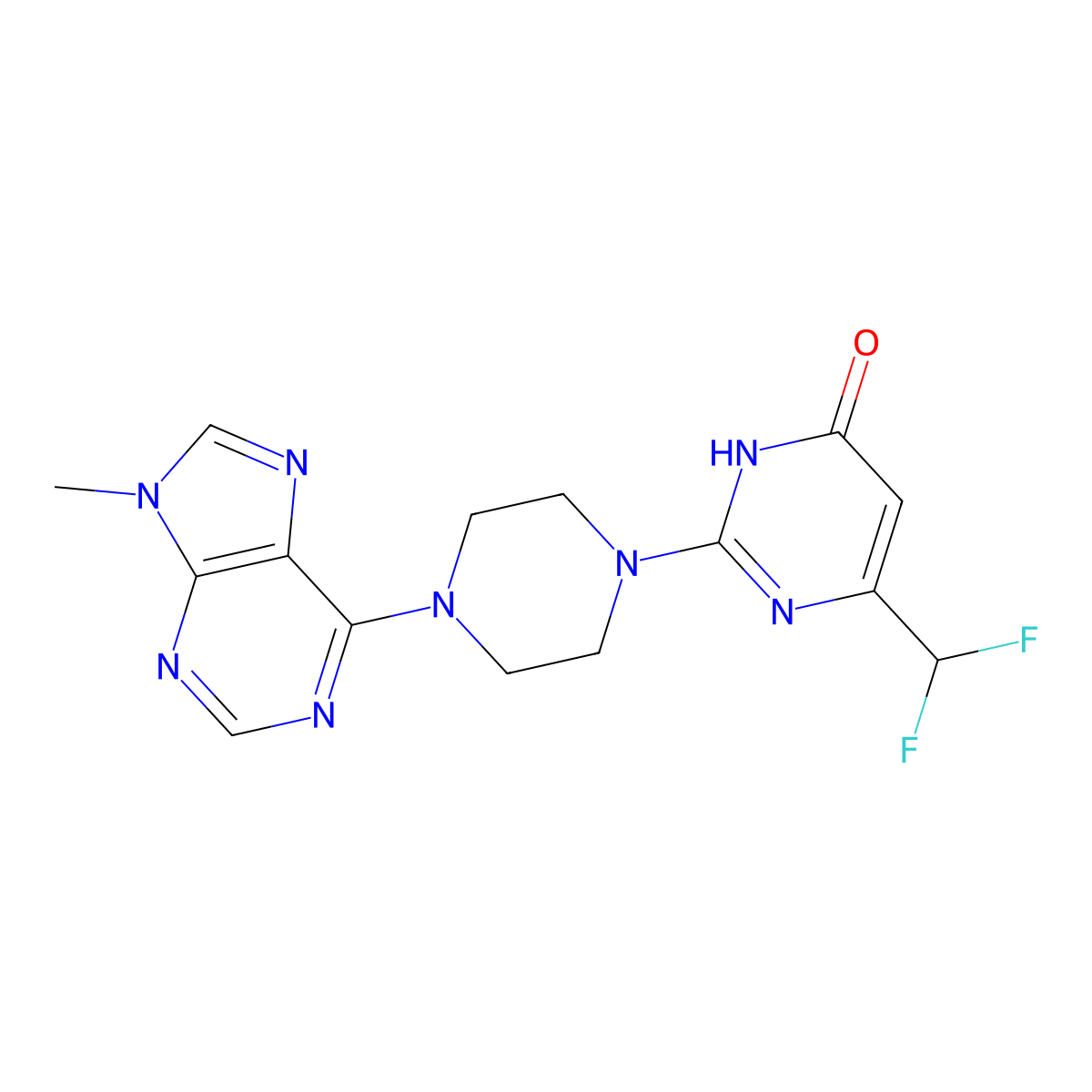 6-(difluoromethyl)-2-[4-(9-methyl-9H-purin-6-yl)piperazin-1-yl]-3,4-dihydropyrimidin-4-one molecular structure, CAS 2640972-85-4