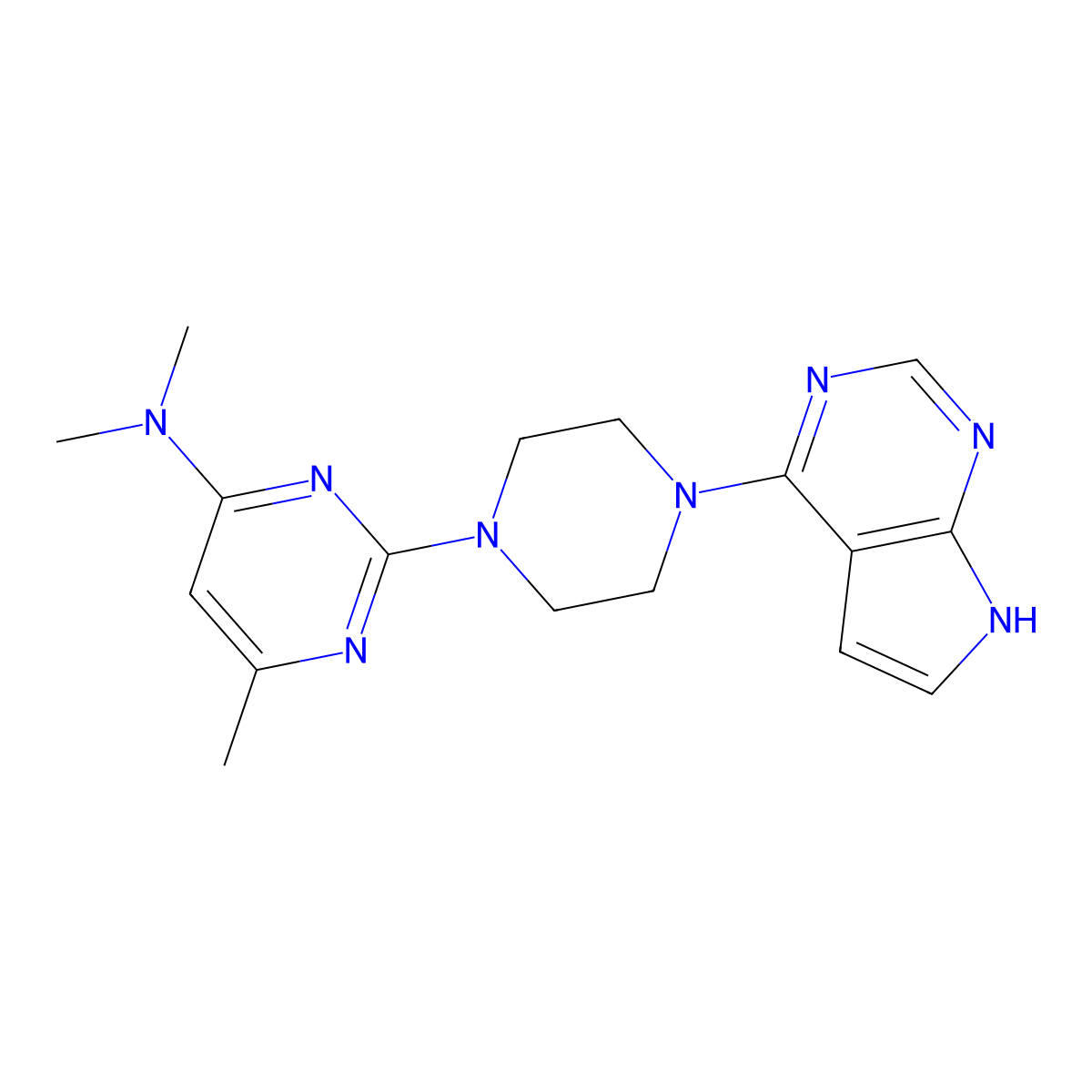 N,N,6-trimethyl-2-(4-{7H-pyrrolo[2,3-d]pyrimidin-4-yl}piperazin-1-yl)pyrimidin-4-amine molecular structure, CAS 2640972-87-6
