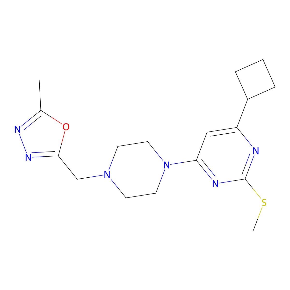 4-Cyclobutyl-6-{4-[(5-methyl-1,3,4-oxadiazol-2-yl)methyl]piperazin-1-yl}-2-(methylsulfanyl)pyrimidine molecular structure, CAS 2640972-90-1