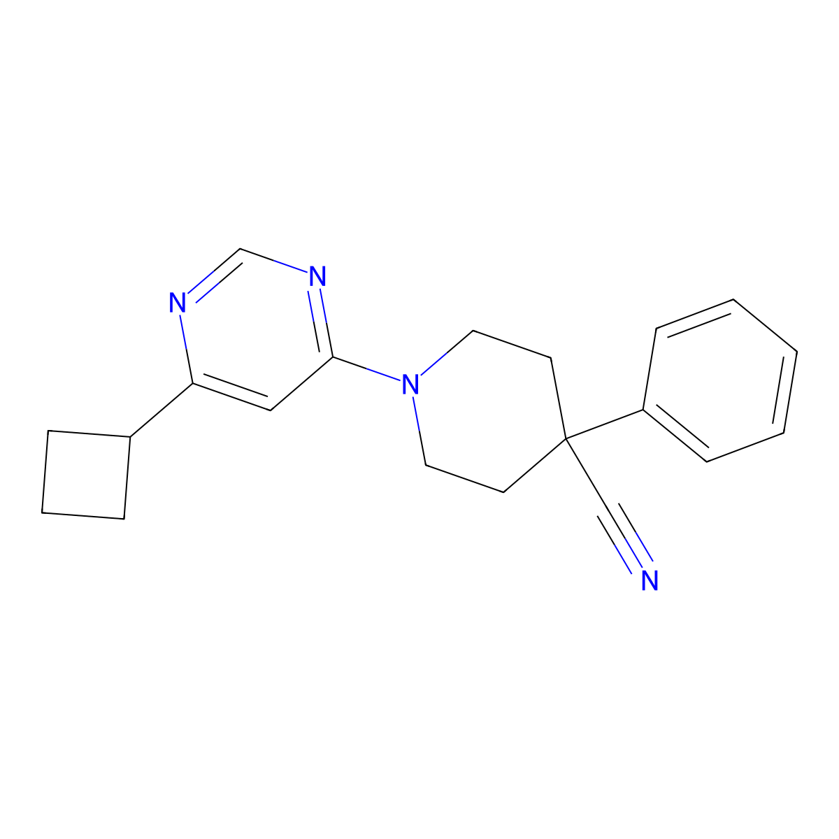 1-(6-Cyclobutylpyrimidin-4-yl)-4-phenylpiperidine-4-carbonitrile molecular structure, CAS 2640972-91-2