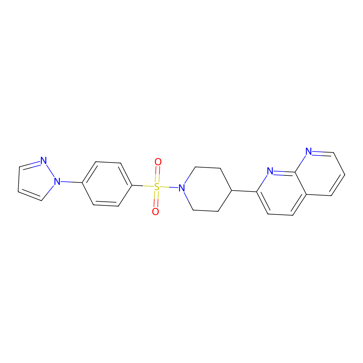 2-{1-[4-(1H-pyrazol-1-yl)benzenesulfonyl]piperidin-4-yl}-1,8-naphthyridine molecular structure, CAS 2640973-03-9