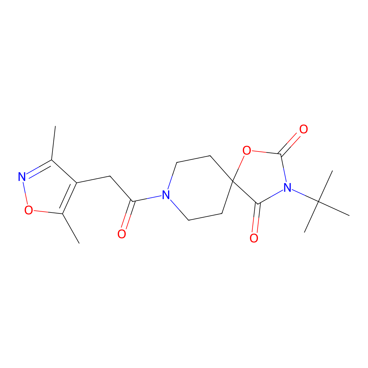3-Tert-butyl-8-[2-(3,5-dimethyl-1,2-oxazol-4-yl)acetyl]-1-oxa-3,8-diazaspiro[4.5]decane-2,4-dione molecular structure, CAS 2640973-04-0