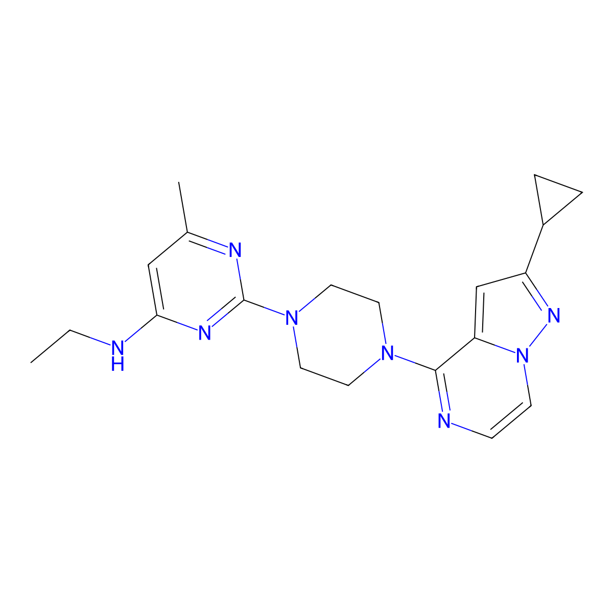 2-(4-{2-cyclopropylpyrazolo[1,5-a]pyrazin-4-yl}piperazin-1-yl)-N-ethyl-6-methylpyrimidin-4-amine molecular structure, CAS 2640973-10-8