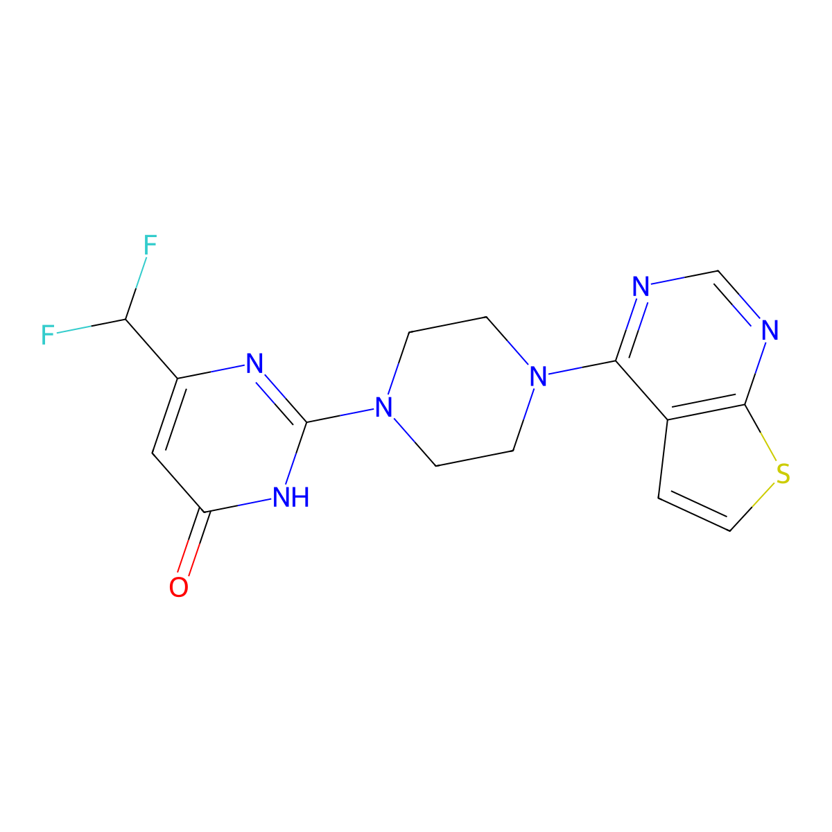 6-(Difluoromethyl)-2-(4-{thieno[2,3-d]pyrimidin-4-yl}piperazin-1-yl)-3,4-dihydropyrimidin-4-one molecular structure, CAS 2640973-13-1