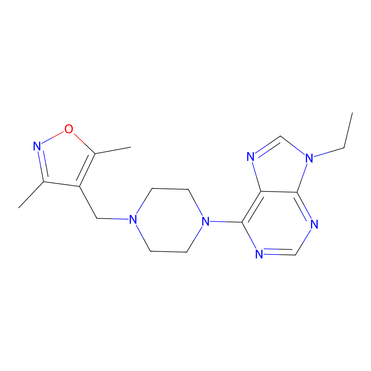 6-{4-[(3,5-dimethyl-1,2-oxazol-4-yl)methyl]piperazin-1-yl}-9-ethyl-9H-purine molecular structure, CAS 2640973-16-4