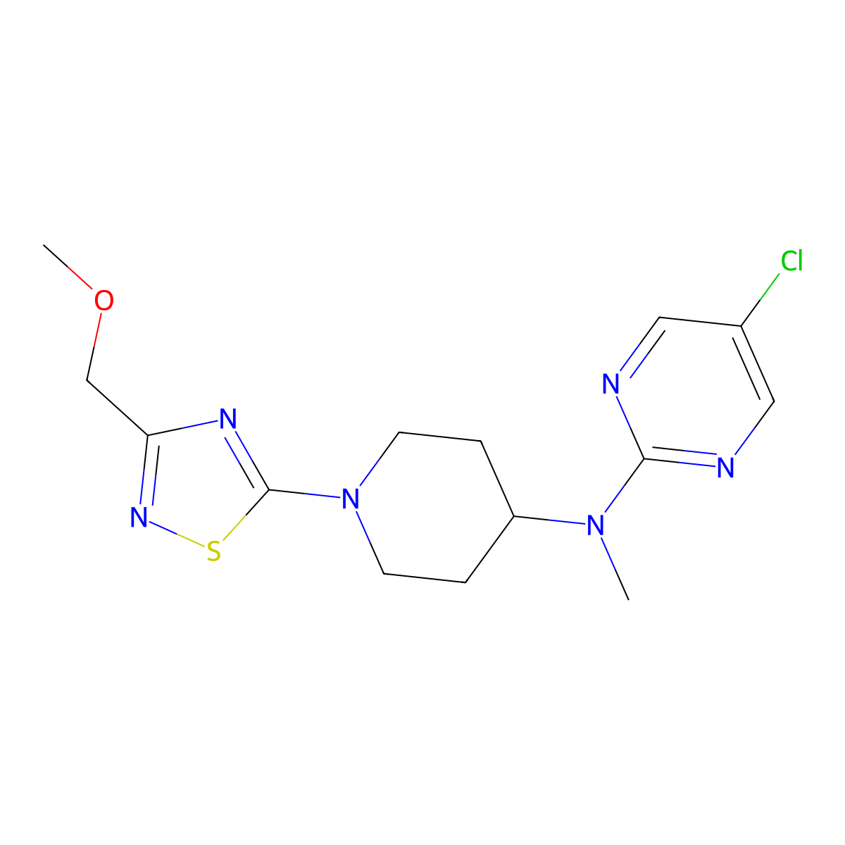 5-chloro-N-{1-[3-(methoxymethyl)-1,2,4-thiadiazol-5-yl]piperidin-4-yl}-N-methylpyrimidin-2-amine molecular structure, CAS 2640973-23-3