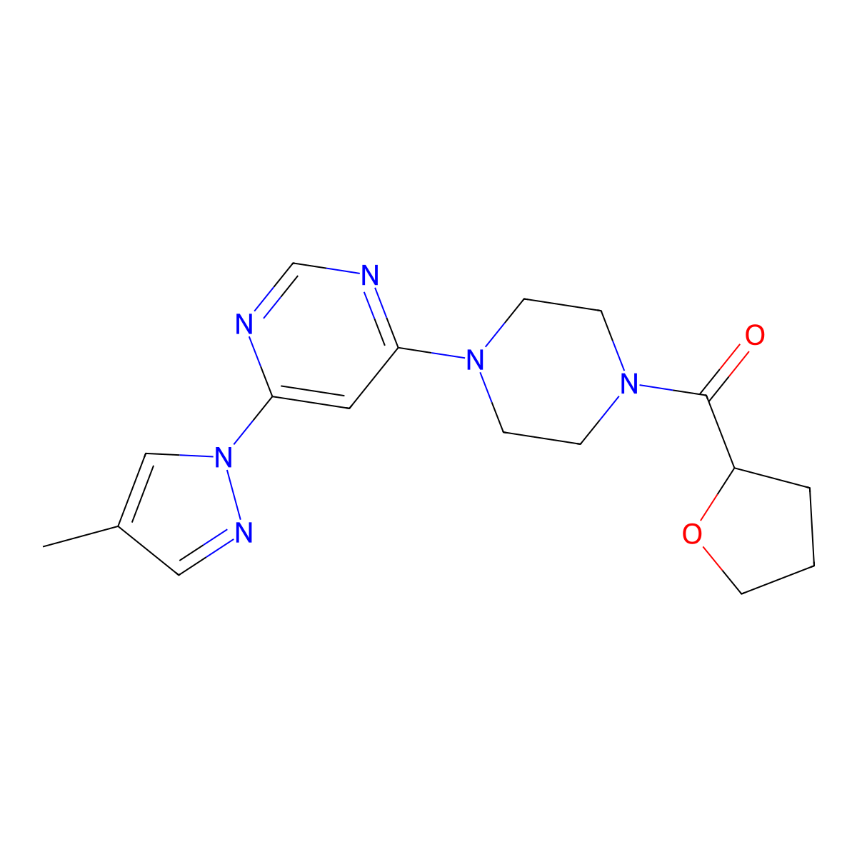 4-(4-methyl-1H-pyrazol-1-yl)-6-[4-(oxolane-2-carbonyl)piperazin-1-yl]pyrimidine molecular structure, CAS 2640973-24-4