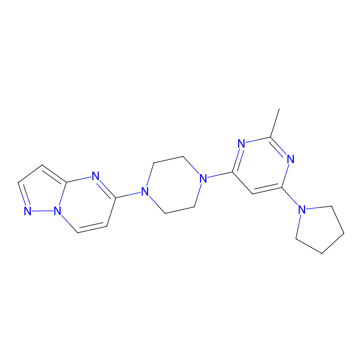 2-Methyl-4-(4-{pyrazolo[1,5-a]pyrimidin-5-yl}piperazin-1-yl)-6-(pyrrolidin-1-yl)pyrimidine molecular structure, CAS 2640973-27-7