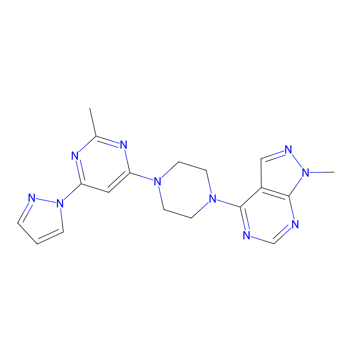 2-methyl-4-(4-{1-methyl-1H-pyrazolo[3,4-d]pyrimidin-4-yl}piperazin-1-yl)-6-(1H-pyrazol-1-yl)pyrimidine molecular structure, CAS 2640973-28-8