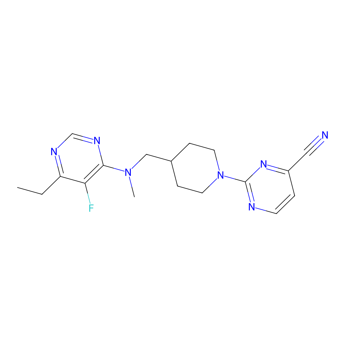 2-(4-{[(6-Ethyl-5-fluoropyrimidin-4-yl)(methyl)amino]methyl}piperidin-1-yl)pyrimidine-4-carbonitrile molecular structure, CAS 2640973-31-3
