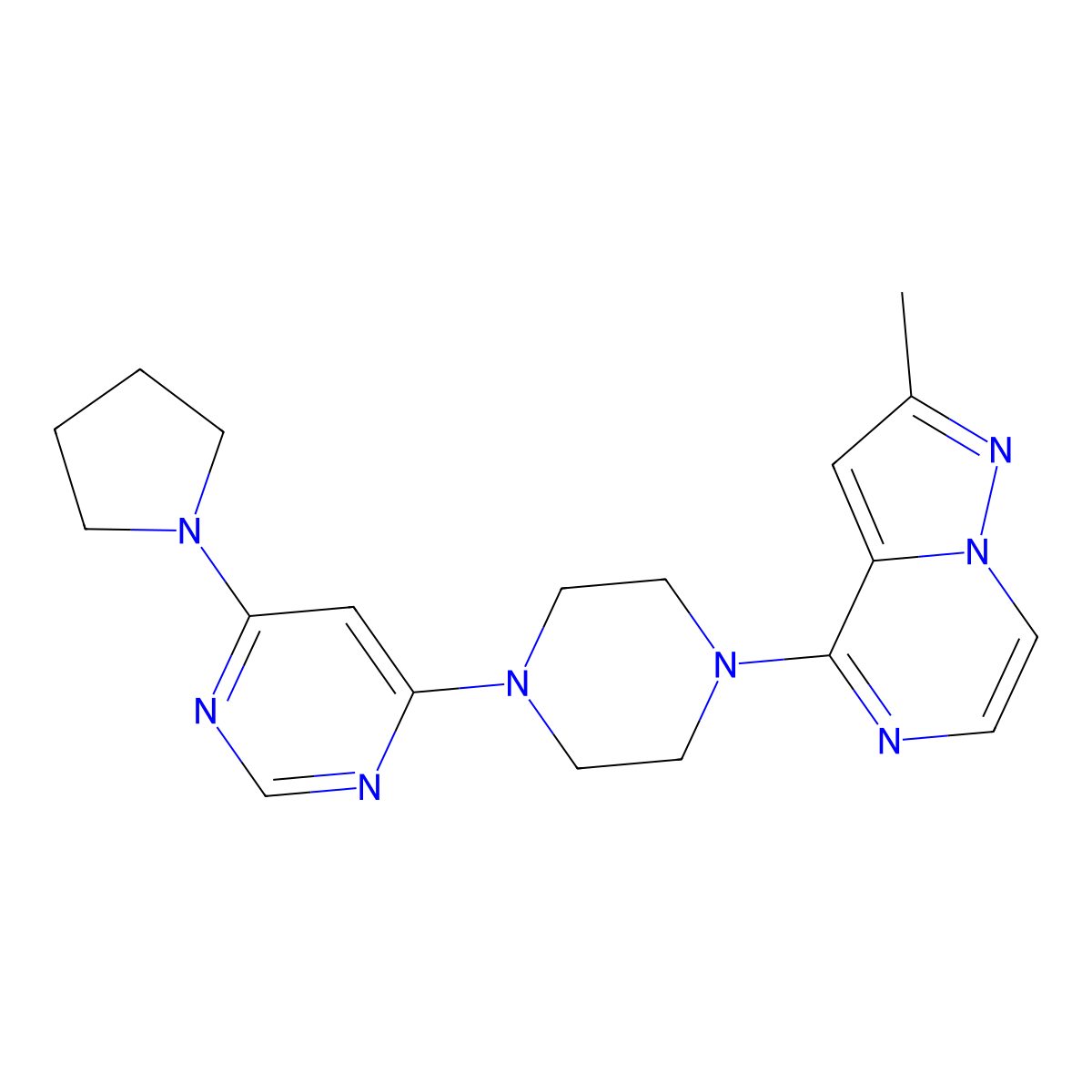 4-(4-{2-Methylpyrazolo[1,5-a]pyrazin-4-yl}piperazin-1-yl)-6-(pyrrolidin-1-yl)pyrimidine molecular structure, CAS 2640973-32-4