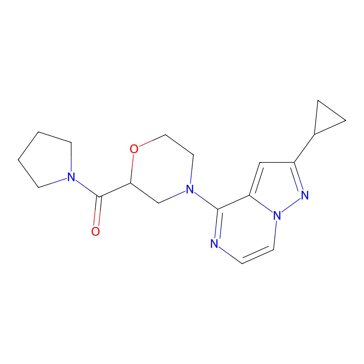 4-{2-Cyclopropylpyrazolo[1,5-a]pyrazin-4-yl}-2-(pyrrolidine-1-carbonyl)morpholine molecular structure, CAS 2640973-42-6